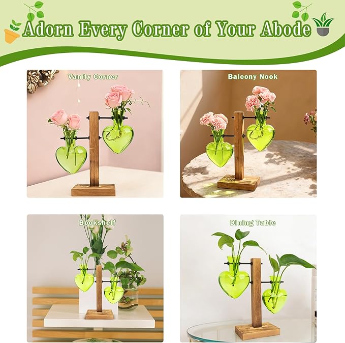 XXXFLOWER Plant Terrarium Wooden Stand, Hydroponic Planter Bulb Glass Metal Swivel Holder Retro Air Plants Water Plants for Home Office Decoration Gifts for Plant Lover Mom- 2 Green Love Bulb Vase