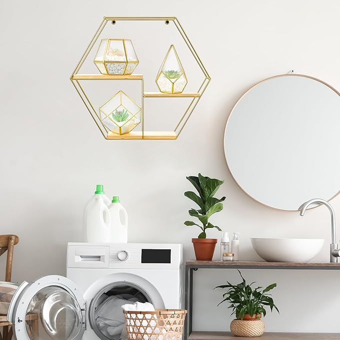 CroBlissful Hexagonal Decorative Metal Wall Shelves Include 3 Pcs Small Open Terrarium Planter Hexagonal Floating Wall Mounted Shelves for Bedroom Living Room Hallway Office Decor