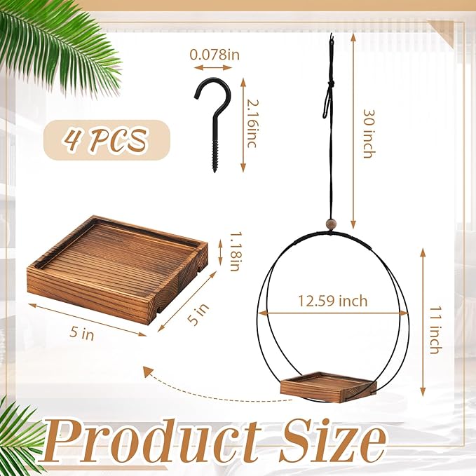 Geelin 4 Pack Plant Hanger with Wood Base Hanging Window Planter Boho Macrame Hanging Potted Plant Holders for Indoor Outdoor Window Wall Ceiling Home Decoration, Pot & Sapling Not Included (Brown)