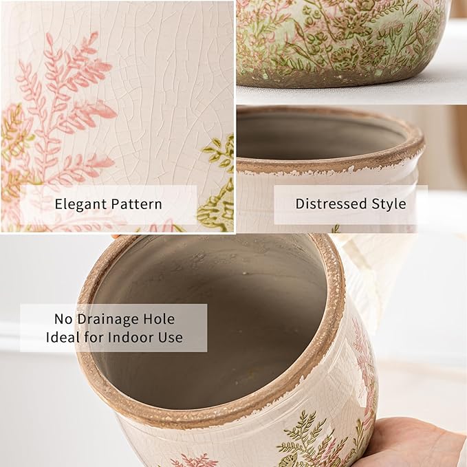 SURE YUESI Vintage Pink & Green Ceramic Planter Set of 2, 4.7” & 5.7” Rustic Flower Pots for Indoor Plants, Decorative Home & Garden Plant Pots