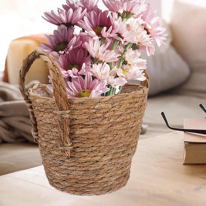 1pc Straw Flower Pot Beach Bag Large House Plant Pots Nursery Plant Pots Seagrass Plant Basket with Handles Hand Woven Plant Flower Pots Cover Seagrass Planter Basket Ornaments