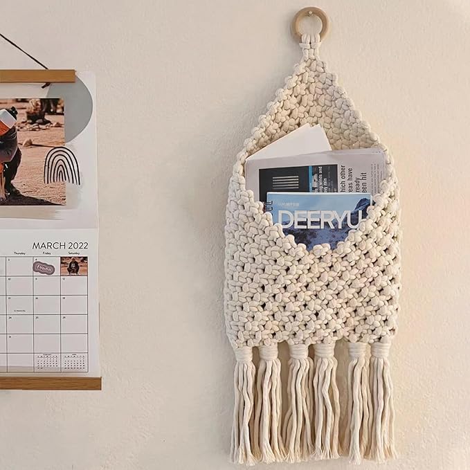 Macrame Mail Organizer Wall Mounted, Handmade Hanging Woven Basket for Boho Home Office Decor, Over the Door Key Letter Envelope File Holder for Entryway Hallway, White