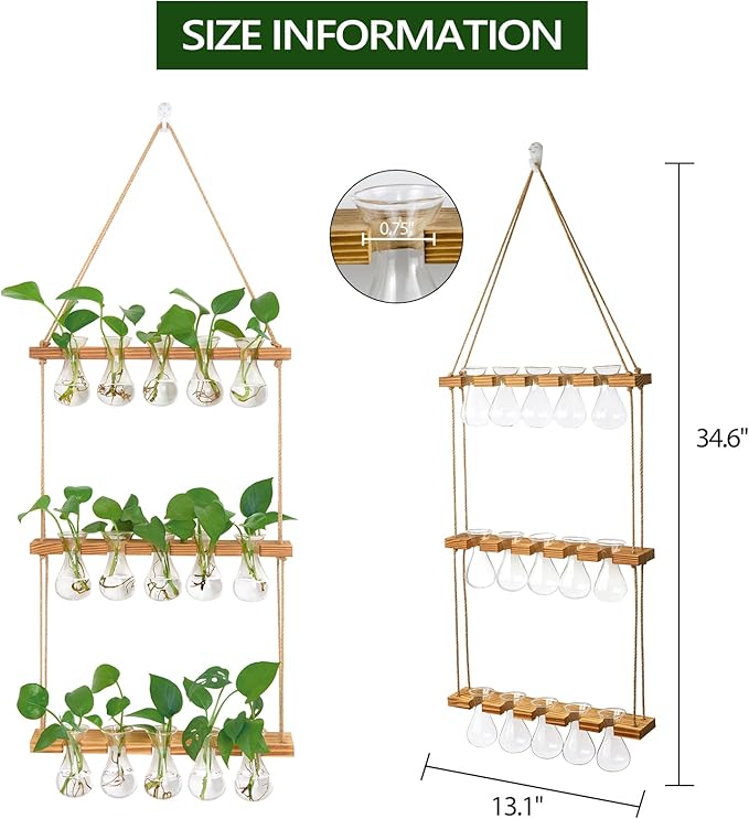 XXXFLOWER Wall Hanging Propagation Station with Wooden Stand 5 Bulb Vase 3 Tiers Planters Wall Terrarium for Home Office Plant Hanger Flower Vases Wall Decor
