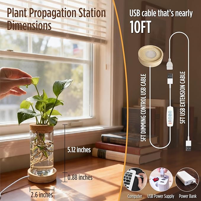 2Pack Plant Propagation Station with 9-Level Adjustable LED Light, Glass Planter Station with Waterproof Lighted Wooden Base, Desktop Hydroponic Plants Terrarium Vases Jars for Home & Office Decor
