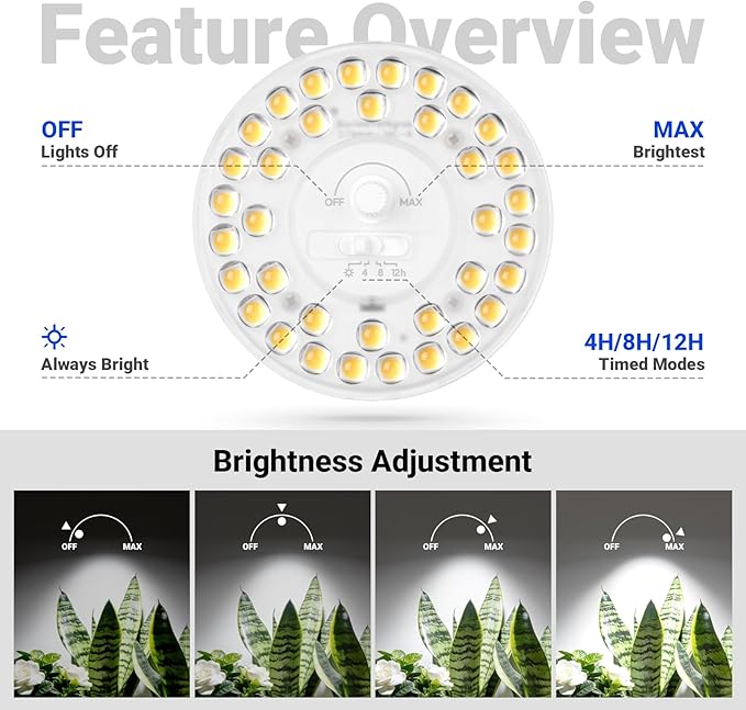 Barrina Orbgrow OG11A2 Clip On Grow Lights for Indoor Plants, Integrated Stepless Dimming & Timing, 5000K 22W(2 x 11W, 200 Watt Equiv), Full Spectrum 2-Gooseneck with E26 Plant Light Bulbs