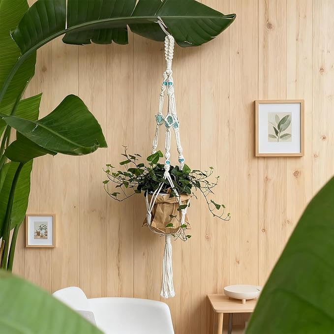 Nomylunota Macrame Plant Hanger with Boho Beads Handmade Hanging Planter Crochet Plant Holder(35.4 inches, Beige with Blue Pink Beads)
