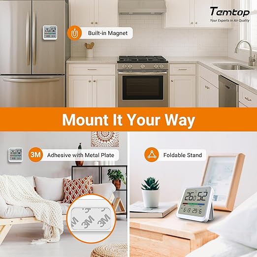 Temtop Indoor Thermometer Hygrometer, Precision Digital Temp/Humidity Monitor with Magnet & 3M Sticker, Date & Time, Wall/Magnet/Stand Mount, for Home, Office, Nursery, T1-SE 2 Pack