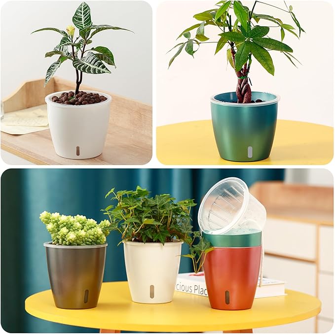 Self-Watering Pots for Indoor Plants, 8-Pack Self Watering Planter with Drainage Holes, Small African Violet Pots with Water Indicator, 5 Packs 5''/3 Pack 6.7'' Orchid Pot, White