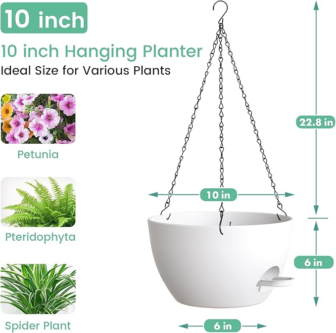 UOUZ Set of 3-10 Inch Self Watering Hanging Planters for Indoor Outdoor，Hanging Plant Pots with Drainage & Removable Tray, Hanging Pots for Pothos Plant, Spider Plants, Ferns, Balcony & Patio, White