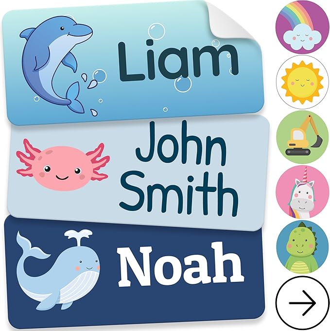 Personalized Name Labels for Kids (210 Labels) - Durable & Waterproof Custom Name Stickers for Clothing Tags, School Supplies, Camp & Daycare - Playful Sea (1.2”x0.5”)