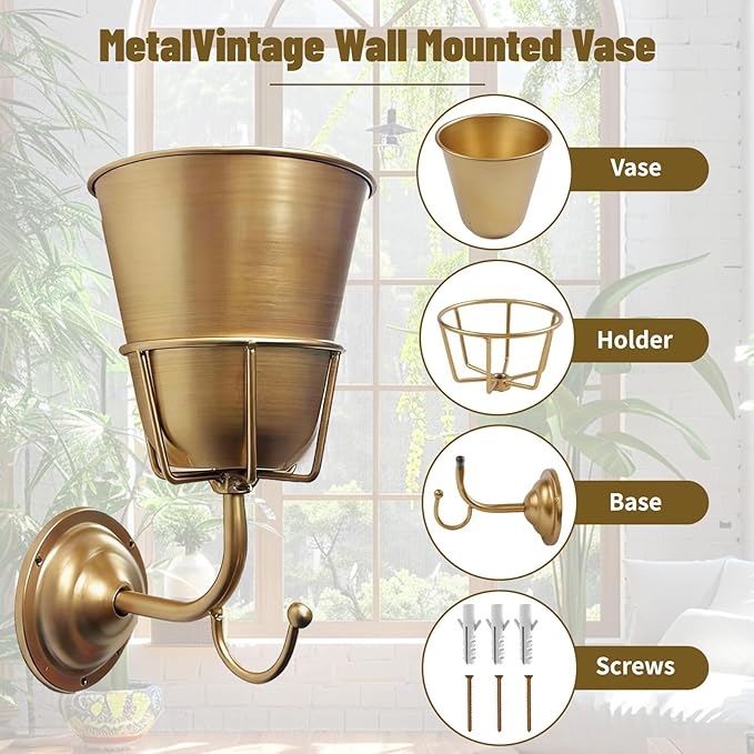 Gold Wall Vase for Flowers, Boho Metal Hanging Vessel, Versatile Organizer Wall Decor for Home Living Room, Bedroom, Bathroom & Kitchen, Office