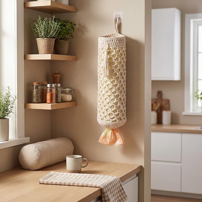 Plastic Bag Holder, Macrame Grocery Bag Storage Reusable Hanging Shopping Trash Bags Dispenser Boho Decor for Kitchen Closet Pantry Laundry Room, with 1 Traceless Hook
