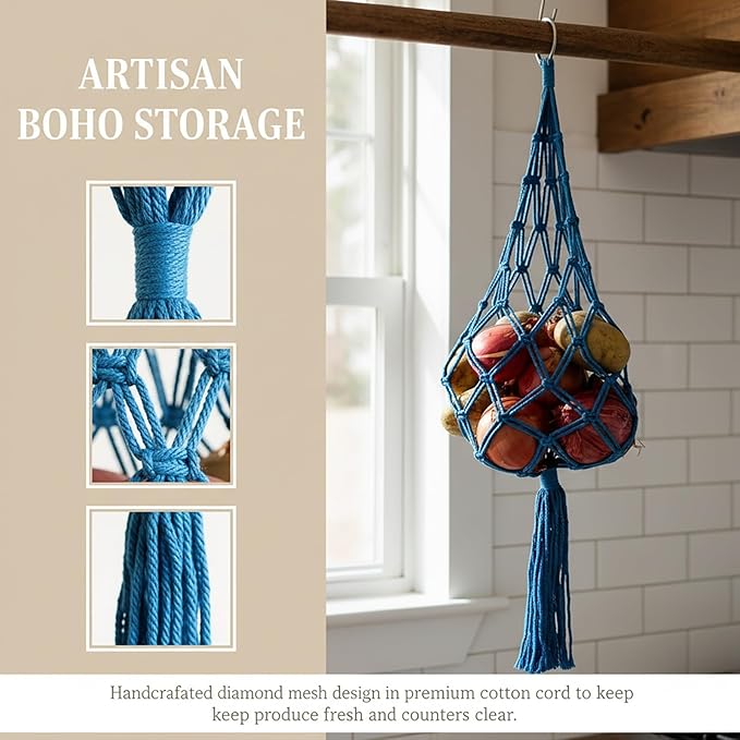 2 Packs Bohemian Macrame Hanging grocery bag, handmade storage breathable hanging bag for Onion/fruit/patato/tamato, Cotton Net Storage Holder, kitchen hanging organizer Blue