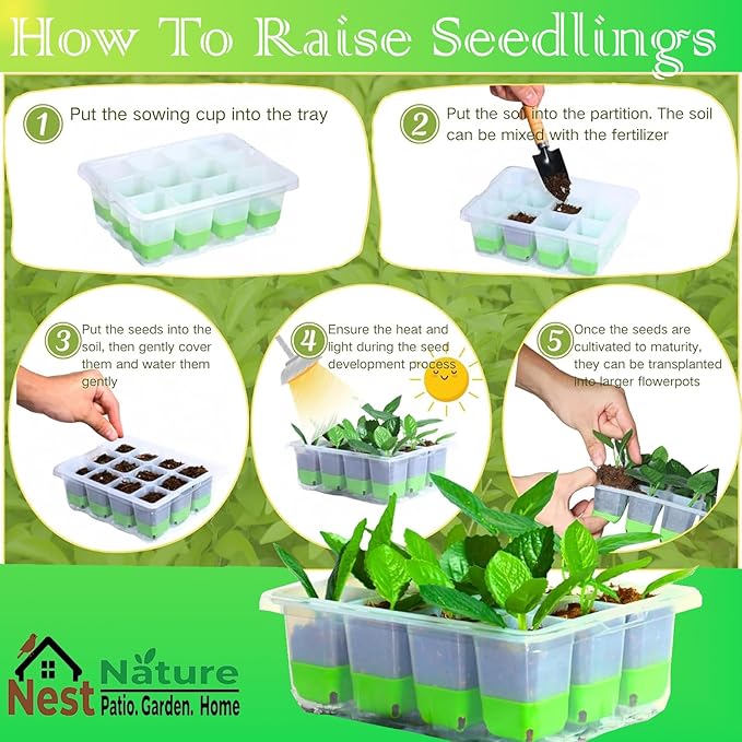 5-Pack Flexible Germination Trays,Reusable 60Cell Seed Starter Trays With Humidity Dome & Lids , Flexible Pop-Out Design, BPA-Free Silicone Seedling Kit & Dishwasher Safe for Herbs/Vegetables/Flowers