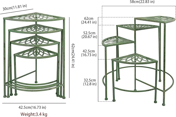 Vintage 4-Tier Metal Plant Stand for Indoor Outdoor Rustic Foldable Fan Shape Corner Plant Rack Distressed Green Flower Pot Holder Shelves for Patio Porch Garden Balcony Living Room (Green)