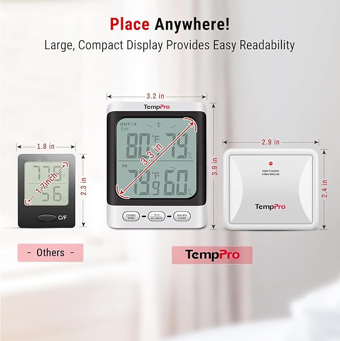 TempPro Indoor Outdoor Thermometer Wireless, 500 ft Outside Thermometer with Cold-Resistant Sensor, Outdoor Thermometer Waterproof for Patio with 3.3" LCD Backlit Display (Previously ThermoPro)