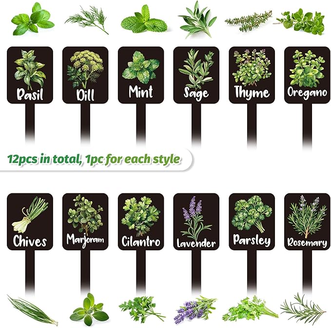Whaline 12Pcs Herb Plant Label Signs 12 Styles Garden Herb Markers Thickened Waterproof Acrylic Plant Stake Tags with Names for Nursery Indoor Outdoor Garden Decor