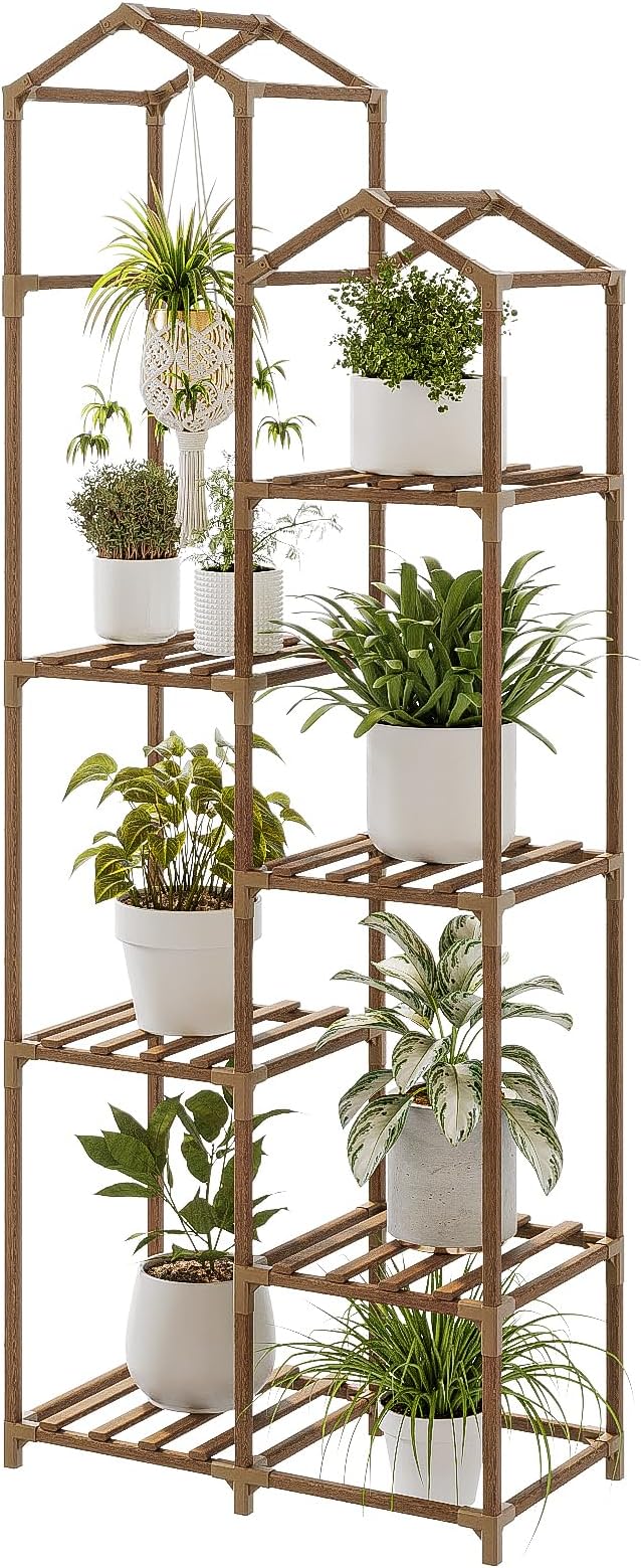 Bamworld Roof Shaped Plant Stand Indoor Outdoor 6 Tier Tall Large Wood Plant Shelf Multi Tier Flower Stands Garden Shelves Wooden Plant Display Holder Rack for Living Room Corner