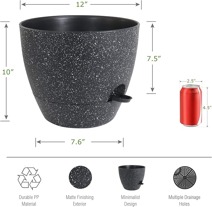 UOUZ 12inch 2Pack Large Self Watering Planters, Plastic Plant Pots with 60oZ Removable Deep Reservoir and Multi Mesh Drainage Holes for Indoor Outdoor Garden Plants and Flowers, Black Speckles