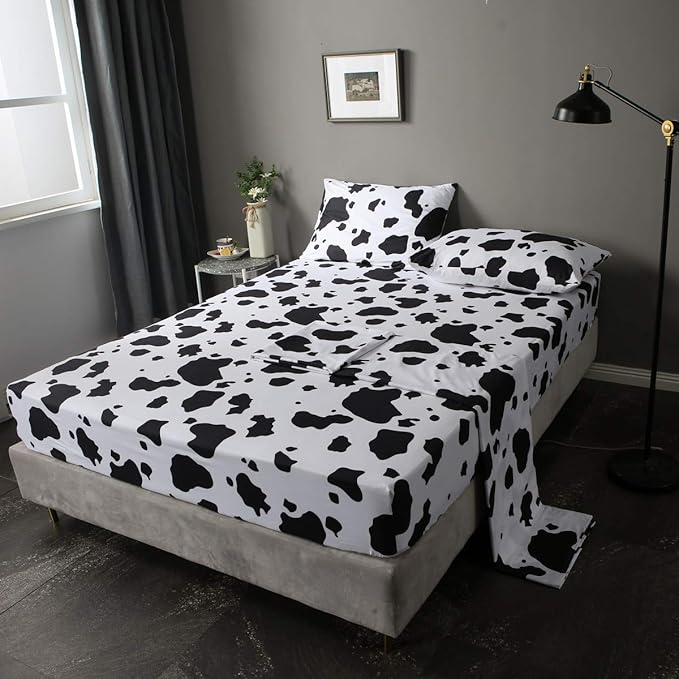 Kids Cute Cow Bed Sheet Set with 1 Pillowcase 1 Fitted Sheet 1 Flat Sheet Twin Size Children Cartoon Milk Cow Animal Bedding Set for Boys Girls Bedroom Decor Lovely Black White Bed Cover Microfiber