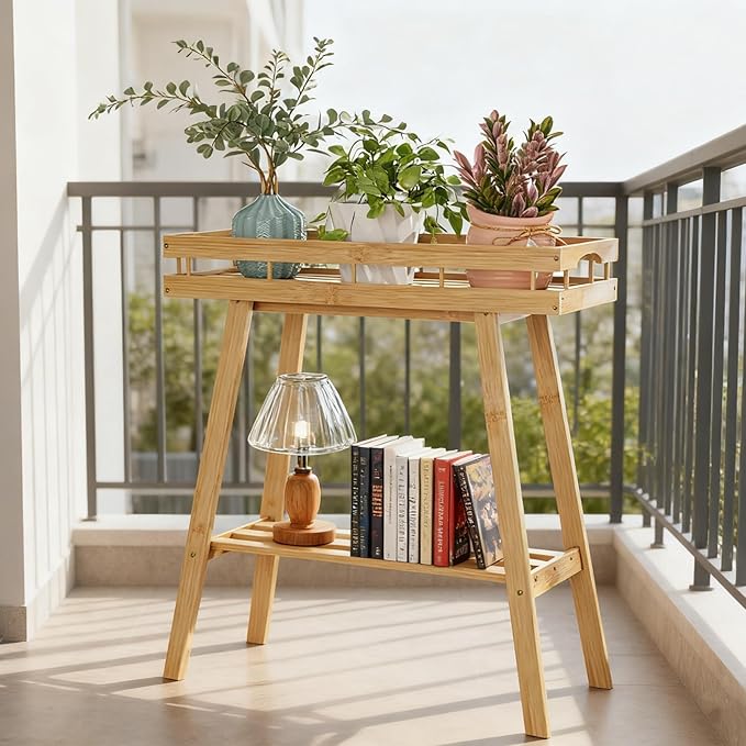 BAMBANG Bamboo Plant Stand Indoor, 2 Tier Small Plant Table, Tall Plant Stand for Indoor Plants, Window Sill Plant Shelf, Flower Pot Holder Plant Bench Plant Rack for Living Room, Natural
