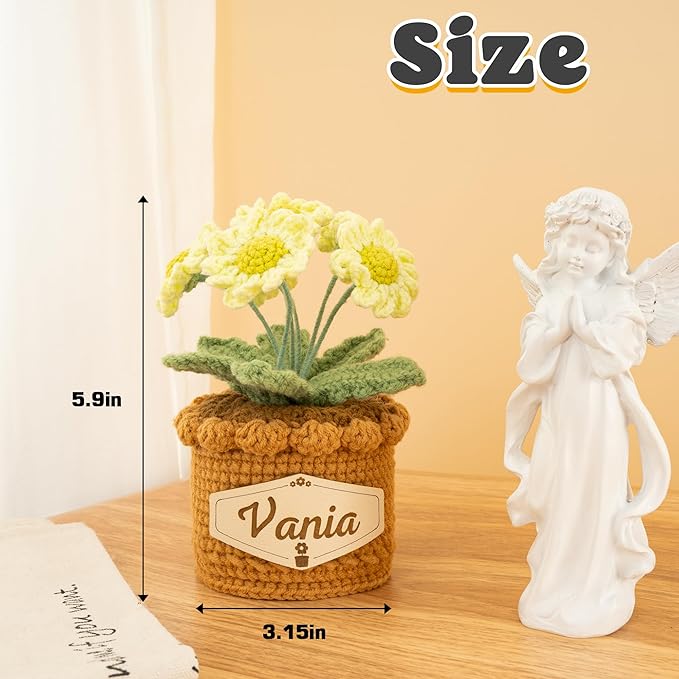 Crochet Flowers with Personalized Leather Name Tag Handmade Knitted Flowers for Home Office Desk Decor Crochet Daisy Potted Plant Crochet Gift for Women,Mom,Teacher, Friend, Birthday(Green)