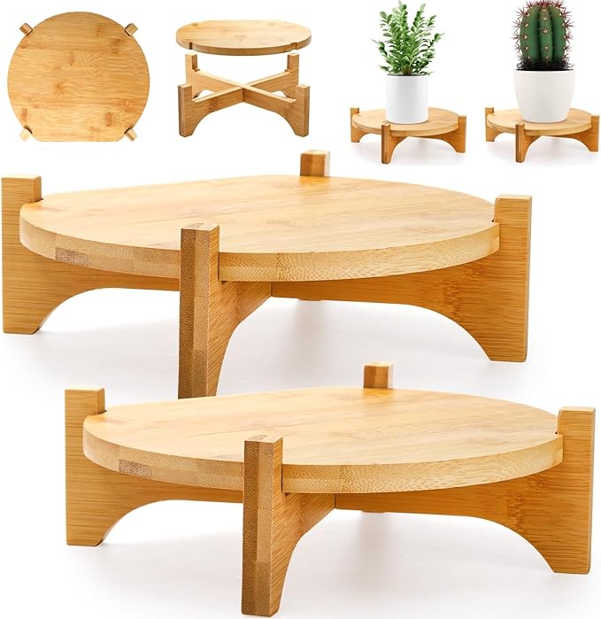 Pumtus 2 Pack Bamboo Plant Stand, Mid Century Modern Planter Stand, Detachable Flower Pot Holder, Sturdy Potted Plant Rack for Indoor Outdoor Garden Home, Fits Up to 8 Inch Planter (Pot Not Included)