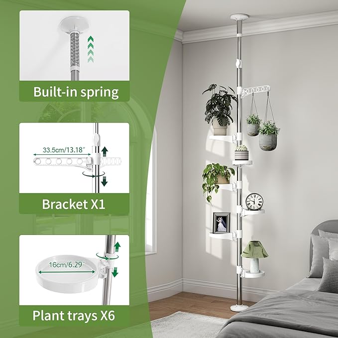 BAOYOUNI 7-Layer Indoor Plant Stands Spring Tension Pole Metal Flower Display Rack Space Saver Corner Floral Pot Hanger Shelf, Ivory