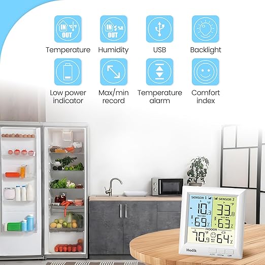 Hodik Digital wireless Thermometer, Fridge Freezer Alarm Thermometer Digital with 3 Adjustable Backlight and 330FT Remote Range for Kitchen Home Restaurant