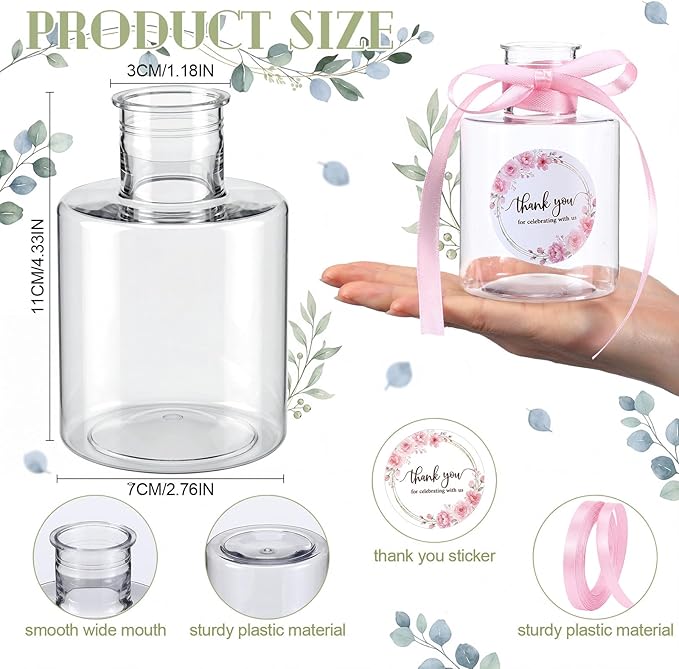 30 Set 4.33'' Plastic Plant Propagation Stations Gifts Bulk 4oz Plant Propagation Jars Planter Vase with Thank You Tags and Ribbons for Guests Wedding Bridal Shower(Pink Flowers)