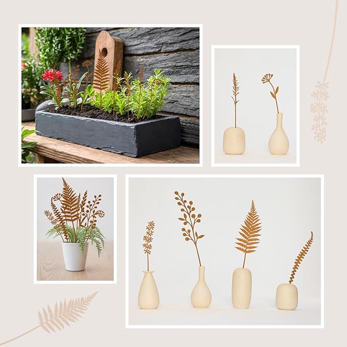 8-Piece Fern & Leaf Garden Stakes – Hand-Rusted Metal Plant Stakes for Flower Beds, Lawns, Pots, Patio, Outdoor Garden Décor, Yard Art & Plant Decorations