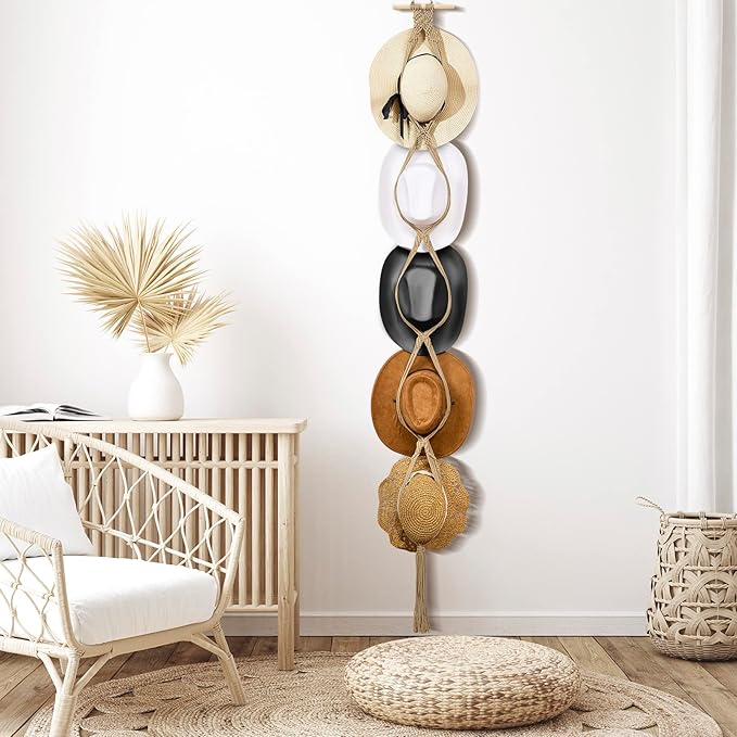 Yulejo Macrame Hat Hangers Boho Hat Rack Cowboy Hat Hanger Back of Door Hat Organizer (Beige,Five Hats Style)