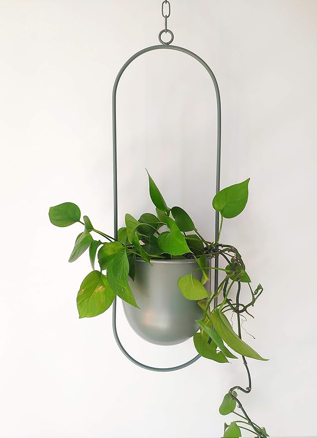 RISEON Boho Green Metal Plant Hanger,Metal Wall and Ceiling Hanging Planter, Modern Planter, Mid Century Flower Pot Plant Holder, Minimalist Planter for Indoor Outdoor Home Decor