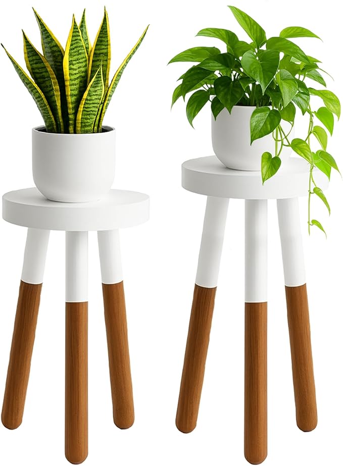 LitaEther 12" Reverse Dipped Wood Plant Stand, Wood Accent Stool,Milking Stool Drinking Table Small Side Table Set (18"+20" Tall)