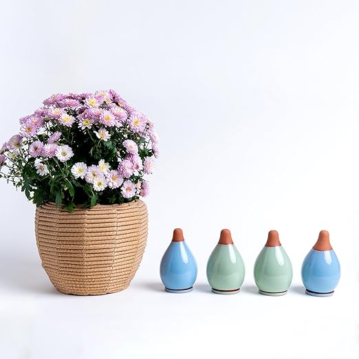 MOUGIGI 4-Pack Self Watering Planter Insert - 2 Blue and 2 Green Ceramic Watering Globes for Indoor Plants, Terracotta Bulbs, and Small Plant Pots - 300ml Capacity, 1 Weeks Autonomy