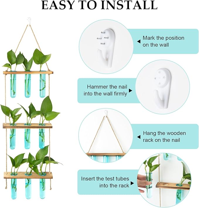 XXXFLOWER Wall Hanging Propagation Station with Wooden Stand 9 Test Tubes Vases Tiers Planters Wall Terrarium for Home Office Plant Hanger Flower Vases Wall Decor Hydroponic Cuttings(Blue)