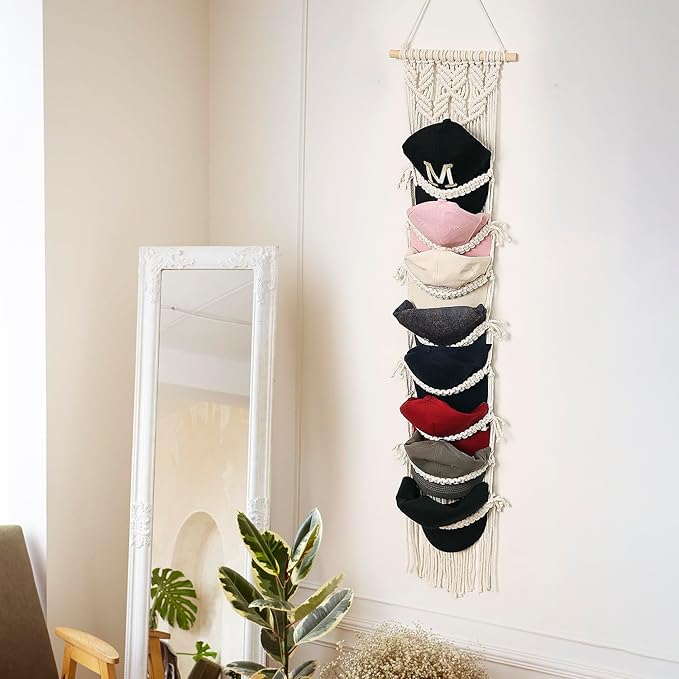 jontell Boho Ball Cap Hanger-2 Pack-Boho Macrame Cap Holder Wall Hat Organizer for Baseball Cap Holder Over Door, Hat Rack for Wall Cap Rack Disaplay Bearoom Decorations