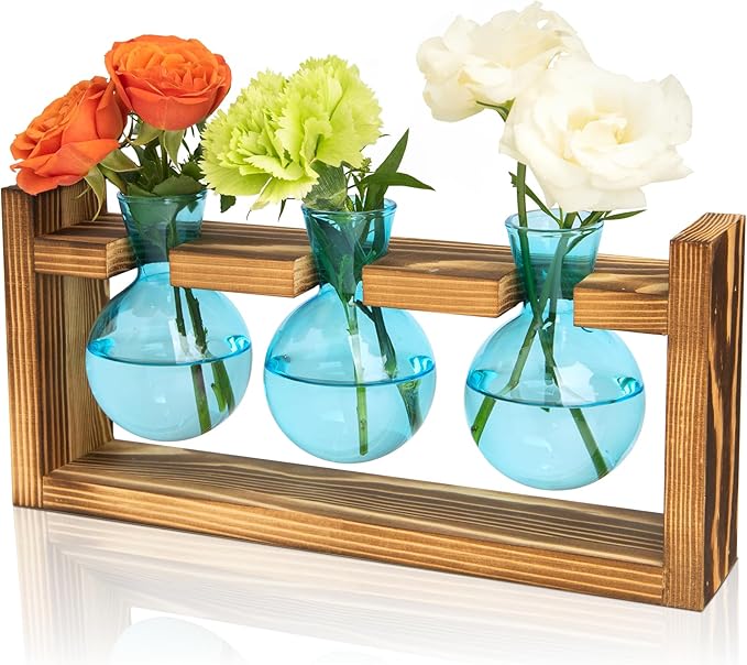 XXXFLOWER Propagation Station with Wooden Stand, 3 Bulb Glass Vase Plant Terrarium for Hydroponics Home Office Indoor Decor,Plant Gift for Mom Women Wife Friend Plant Lovers (Blue)
