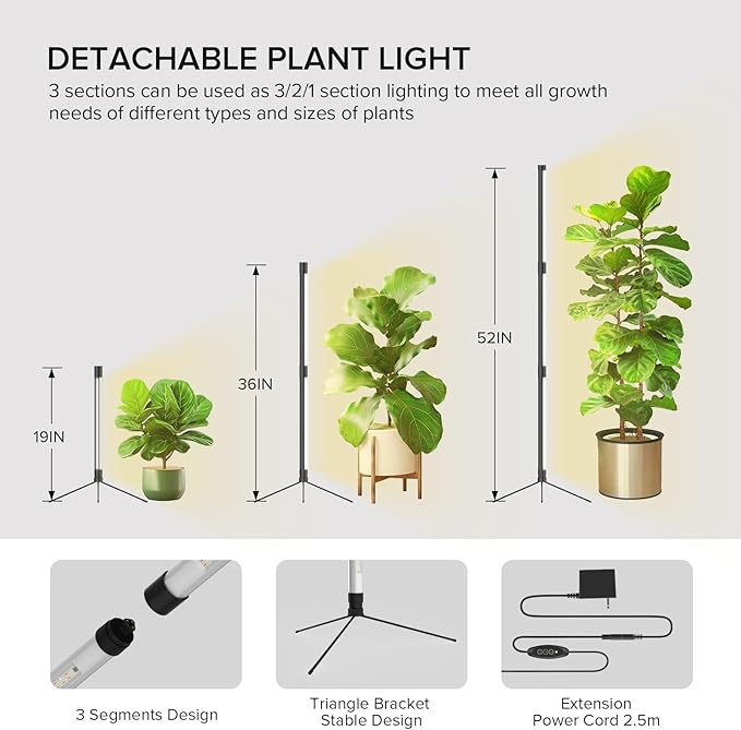 SANSI T10 Standing Grow Lights for Indoor Plants, 55W 144 LEDs Full Spectrum Plant Light Vertical Grow Light, 4.34FT Adjustable Three-Stage, 5 Dimming, Timer 3/6/12h, 4000K, for Wide Coverage Growth
