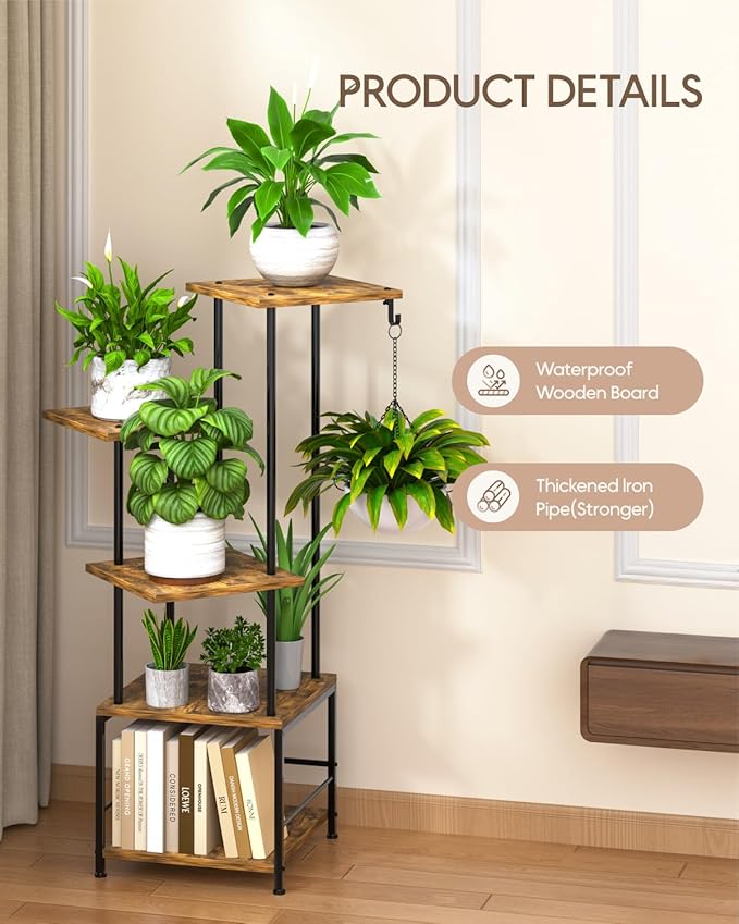 Homsorout Plant Stand Indoor, 5-Tier Tall Plant Stand Indoor, Metal Plant Shelf with Hanging Basket Hook, Ideal Corner Plant Table for Living Room, Balcony, Garden, Patio (Brown)