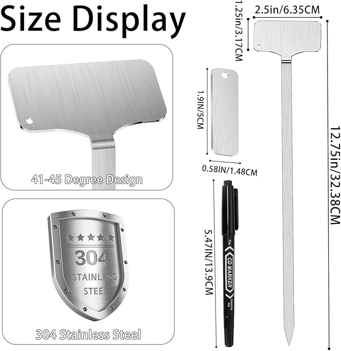 304 Stainless Steel Plant Markers, 10 Waterproof Metal Plant Label Stakes with 10 Tag Buckles & Marker Pen, 12.75" Garden Markers for Outdoor Indoor Plants Identification.