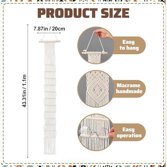 AceOrbit Macrame Sunglasses Holder Boho Wall-Mounted Hanging Sunglasses Organizer Vertical Woven Glasses Holder Display Storage Rack for Bohemian Bedroom Home Office Decor(Stylish Style,White)