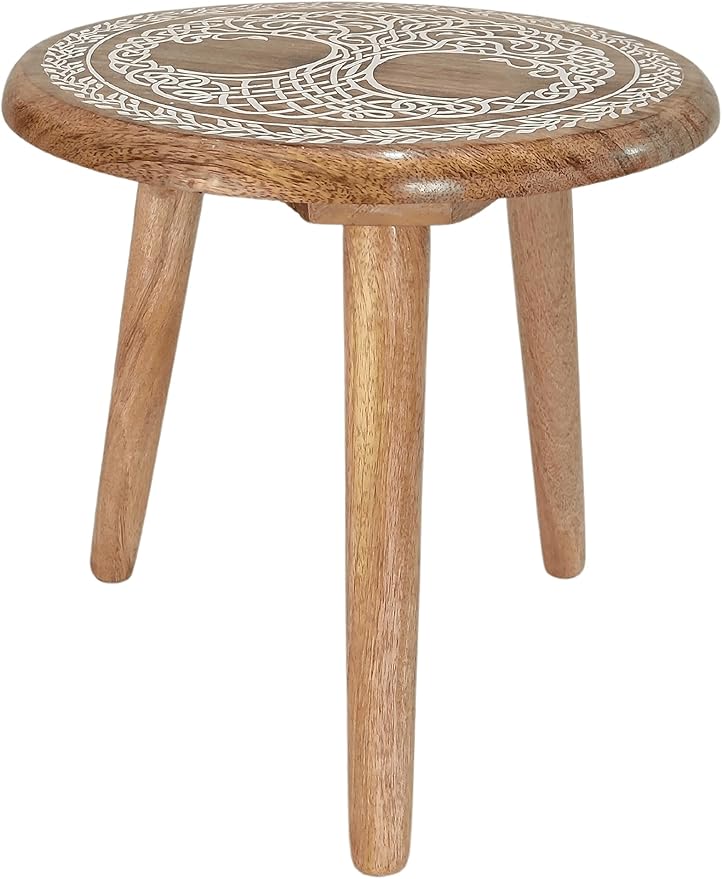 VANIYA CRAFTS® Wooden Engraved Fold-able Side Table/End Table/Plant Stand/Stool for Living Room Bedroom Restaurant Kids Play Furniture Table Round Shape (Natural White 4)