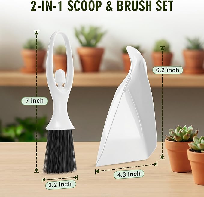 Enhon Soil Scoop with Brush for Indoor Plants, 2 in 1 Plant Potting Scoop Tool for Mess Free Repotting, Mini Dustpan and Brush Set for Houseplants, Succulents, Gardening
