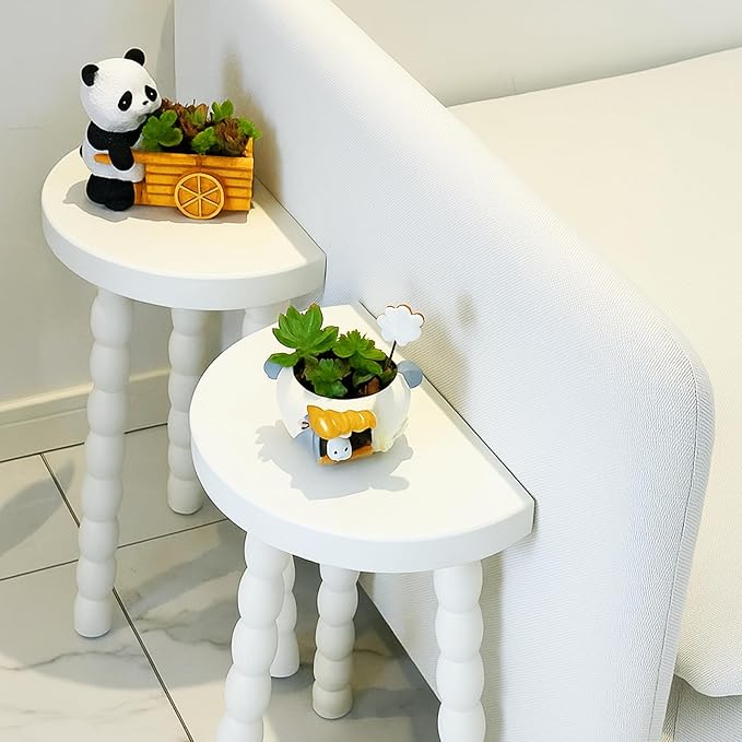 LitaEther Wooden Bobbin Side Table - Plant Stand - Half Round Table - Wooden Accent Stool- Minimalist Decorative Table for Bedroom, Hallway, Living Room (1, White)