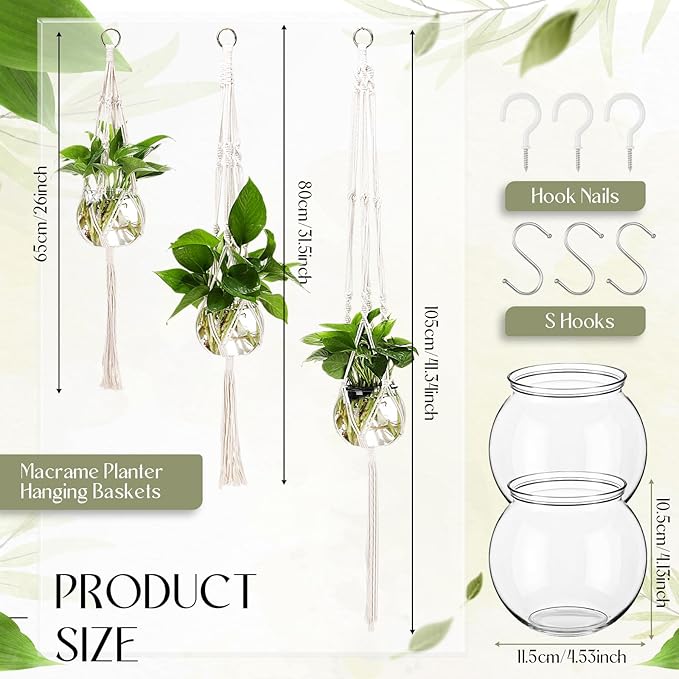 Colingmill 6 Pcs Boho Macrame Plant Hanger with Small Plastic Pot Hanging Plant Holder Wall Planter Propagation Station Include Hooks Kit for Indoor Home Garden Office Decor 3 Size (White)