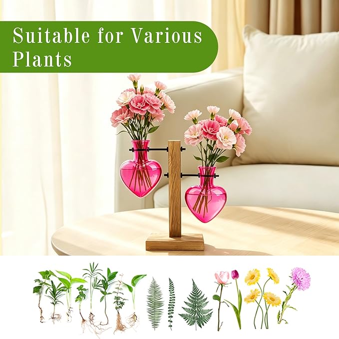 XXXFLOWER Plant Terrarium Wooden Stand Hydroponic Planter Bulb Glass Metal Swivel Holder Retro Air Plants Water Plants for Home Office Decoration,Gifts for Plant Lover Wife Mom- 2 Pink Love Bulb Vase