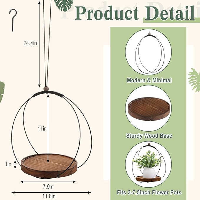 Threehoney 3 Pack Hanging Planters for Indoor Black Plant Hanger with Round Wood Base Large Indoor Hanging Plant Shelf Boho Holder Gift for Mom,housewarming (7.9 '')