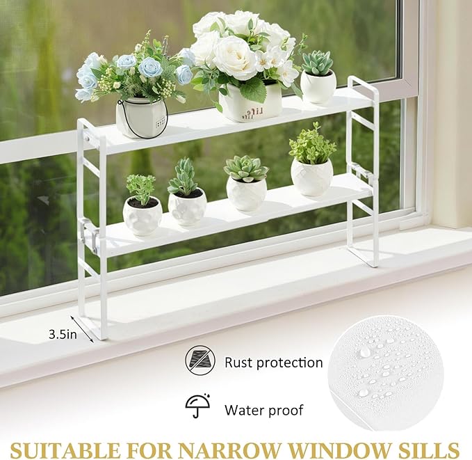 2 Pcs Expandable Window Sill Plant Shelf, 13.7 x 3.5 x 7.28 Inches, Stackable Narrow over The Sink Shelf, Adjustable Height Metal Window Sill Extender Shelves for Kitchen Bathroom (White)