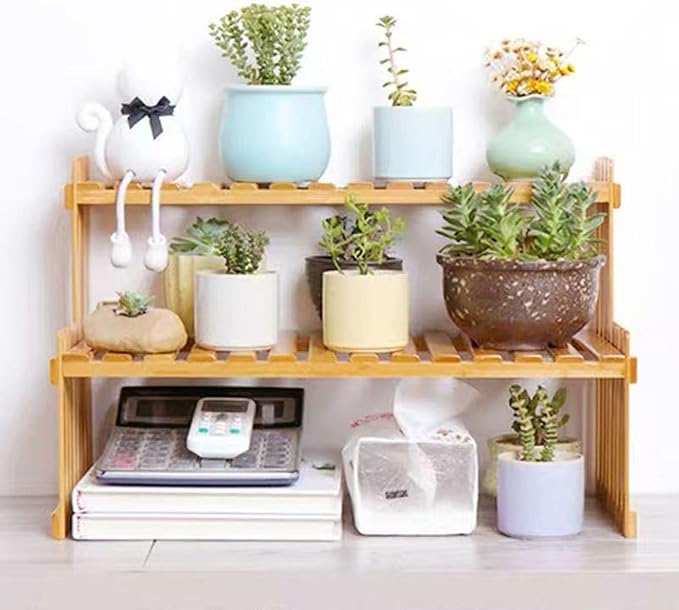 GURECOD 22.8" 2 Tiers Bamboo Plant Stand Shelf,Desk Flower Pot Holder,Adjustable Desktop Shelf Display Organizer Ladder Rack for Office Decorate Desk Shelving Storage Rack,Kitchen Rack (22.8" Length)